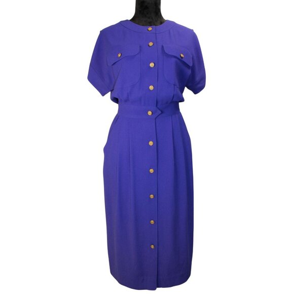 Vintage Liz Claiborne Royal Blue Dress w/ Gold Crest Buttons - Picture 1 of 12
